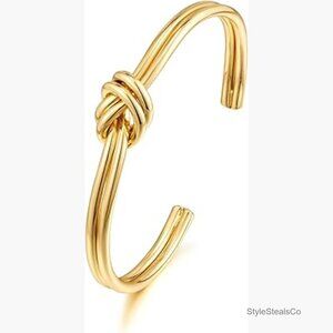 Gold Plated Brass Cuff Bracelet Adjustable Stackable Minimalist Wire Bangle